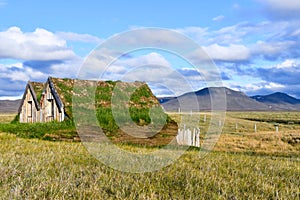 Turf house and panorama of Iceland - Northen Europe