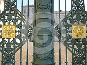 Turin, a detail of the wrought-iron fence in Piazza Castello