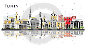 Turin Italy City Skyline with Color Buildings and Reflections Isolated on White