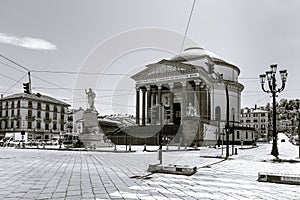 Turin, Italy. May 12th, 2021. Facade of Gran Madre di Dio Church seen from Corso Casale. Black and white image