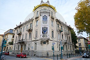 Art Nouveau building villa Fenoglio Lafleur architecture with floral decorations in Turin