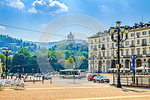 Iazza Vittorio Veneto main square of Torino city, street lamp in Turin