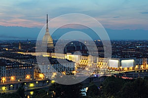 Turin and Mole Antonelliana lighted at dusk