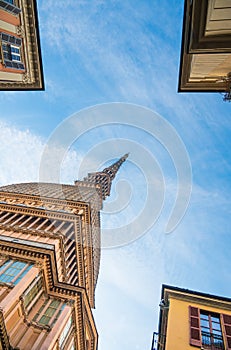 Turin, Mole Antonelliana tower, symbol of the city. Italy. Bottom view