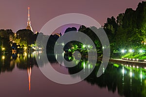 Turin, night panorama with river Po and Mole Antonelliana