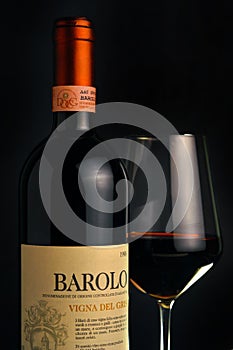 Turin, Piedmont, Italy. -01/02/2021-  Bottle of Piedmont aged red wine Barolo