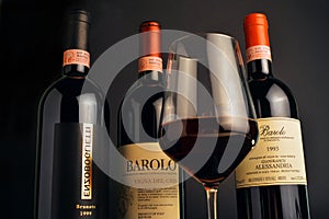 Turin, Piedmont, Italy. -01/02/2021-  Bottles of Piedmont aged red wine Barolo