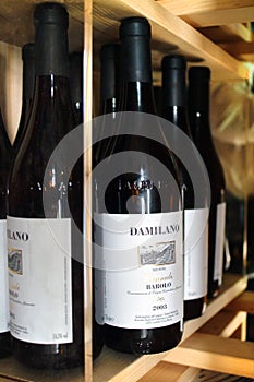 Turin, Piedmont, Italy. -10/26/2009- Fair `Wine show`. Bottles of red Piedmont wine Barolo Cannubi.