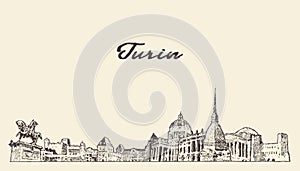 Turin skyline, Italy, hand drawn vector sketch photo