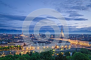 Turin (Torino), high definition panorama at twilight