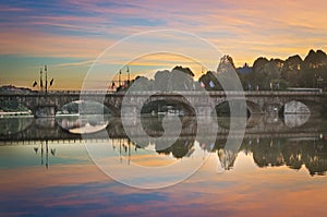 Turin (Torino), panorama with river Po at twilight