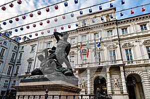 Turin, town hall and green count monument