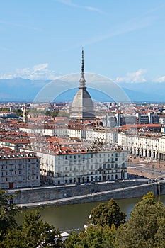 Turin view, Po river and Mole Antonelliana tower in a summer day in Italy