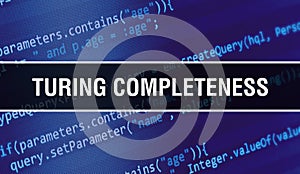 Turing completeness with Digital java code text. Turing completeness and Computer software coding vector concept. Programming