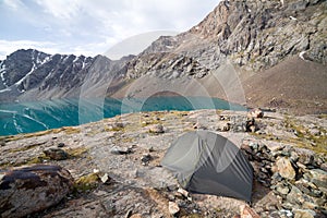 Turist tent at Ala-Kul lake. Tien Shan, Kyrgyzstan