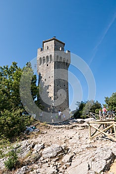Turists visit the `Torre del Montale `, one of the three towers in San Marino`s Mount Titano photo