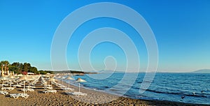 Turkey Aegean Sea coast. sunbeds and umbrellas on the beach