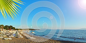 Turkey Aegean Sea coast. sunbeds and umbrellas on the beach