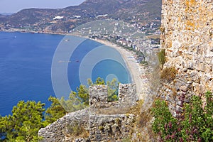 Turkey. Alanya 09.14.21 Old ruins, remains of an ancient fortress wall. You can see Cleopatra`s beach below