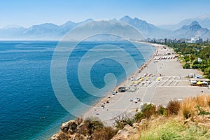 Turkey, Antalya Konyaalti beach at Mediterranean sea with beautiful mountains at background. Top view