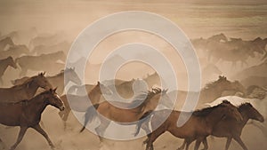 Horses run gallop in dust