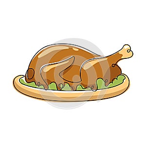 Turkey or baked chicken on plate with greens, one continuous line. Color doodle icon. Stylized hand drawn illustration of