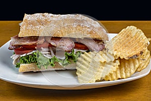 Turkey with  blt on ciabatta bread, and a side of chips