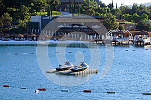 Turkey, Bodrum, October 2020. Beautiful seascape. Two catamarans against the backdrop of mountains on a bright sunny day.