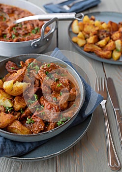 Turkey breast in a delicious paprika cream sauce with fried potatoes on a plate