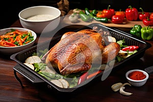 turkey on broiling pan with vegetables around it