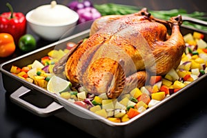 turkey on broiling pan with vegetables around it