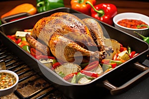 turkey on broiling pan with vegetables around it