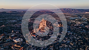 Turkey. Cappadocia. aerial View on rock-castle of Uchisar castle at a sunset