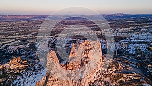 Turkey. Cappadocia. aerial View on rock-castle of Uchisar castle at a sunset