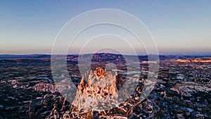 Turkey. Cappadocia. aerial View on rock-castle of Uchisar castle at a sunset