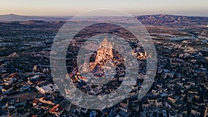 Turkey. Cappadocia. aerial View on rock-castle of Uchisar castle at a sunset