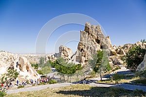 Turkey, Cappadocia. Cave monastery complex Open Air Museum of Goreme. Rock with caves in the foreground - Nunnery Kyzlar, XI c.