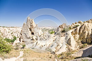 Turkey, Cappadocia. Cave monastery complex Open Air Museum GÃÂ¶reme. Rock with caves left - Nunnery Kyzlar, XI century photo