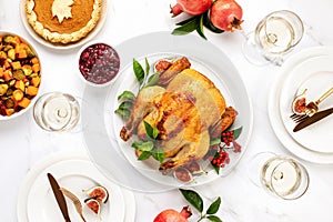 Turkey or chicken served with light white wine for festive dinner, top down view