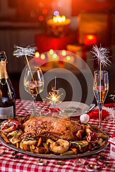 Turkey on CHristmas decorated table