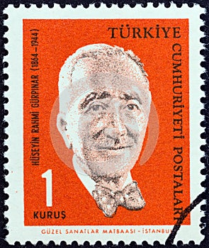 TURKEY - CIRCA 1964: A stamp printed in Turkey shows Huseyin Rahmi Gurpinar writer, birth centenary, circa 1964.