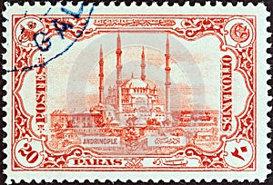 TURKEY - CIRCA 1913: A stamp printed in Turkey shows Selimiye Mosque, Edirne, circa 1913.