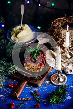 Turkey cranberry sauce meat loaf on the Christmas background .style rustic