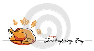 Turkey dinner Thanksgiving Day line art background. Simple vector web banner. One continuous line drawing with lettering