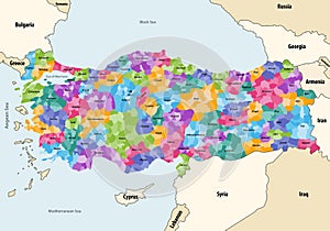 Turkey distrcts colored by provinces vector map with neighbouring countries and territories