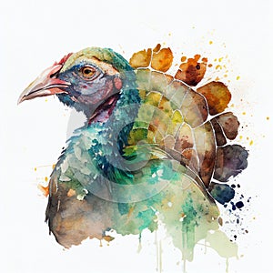 turkey, domestic farm bird, watercolor illustration isolated on white background, generative ai