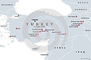 Turkey, dormant and extinct volcanoes in Anatolia, political map