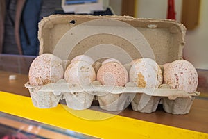 Turkey eggs put in a box. Organic fresh eggs. Homemakers' Market. Farmers' produce for sale photo