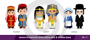 Turkey, Egypt, Israel. Men and women in national dress. Set of asian people wearing ethnic traditional costume.