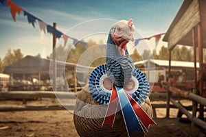 Turkey farmer proudly showcasing a prized turkey photo